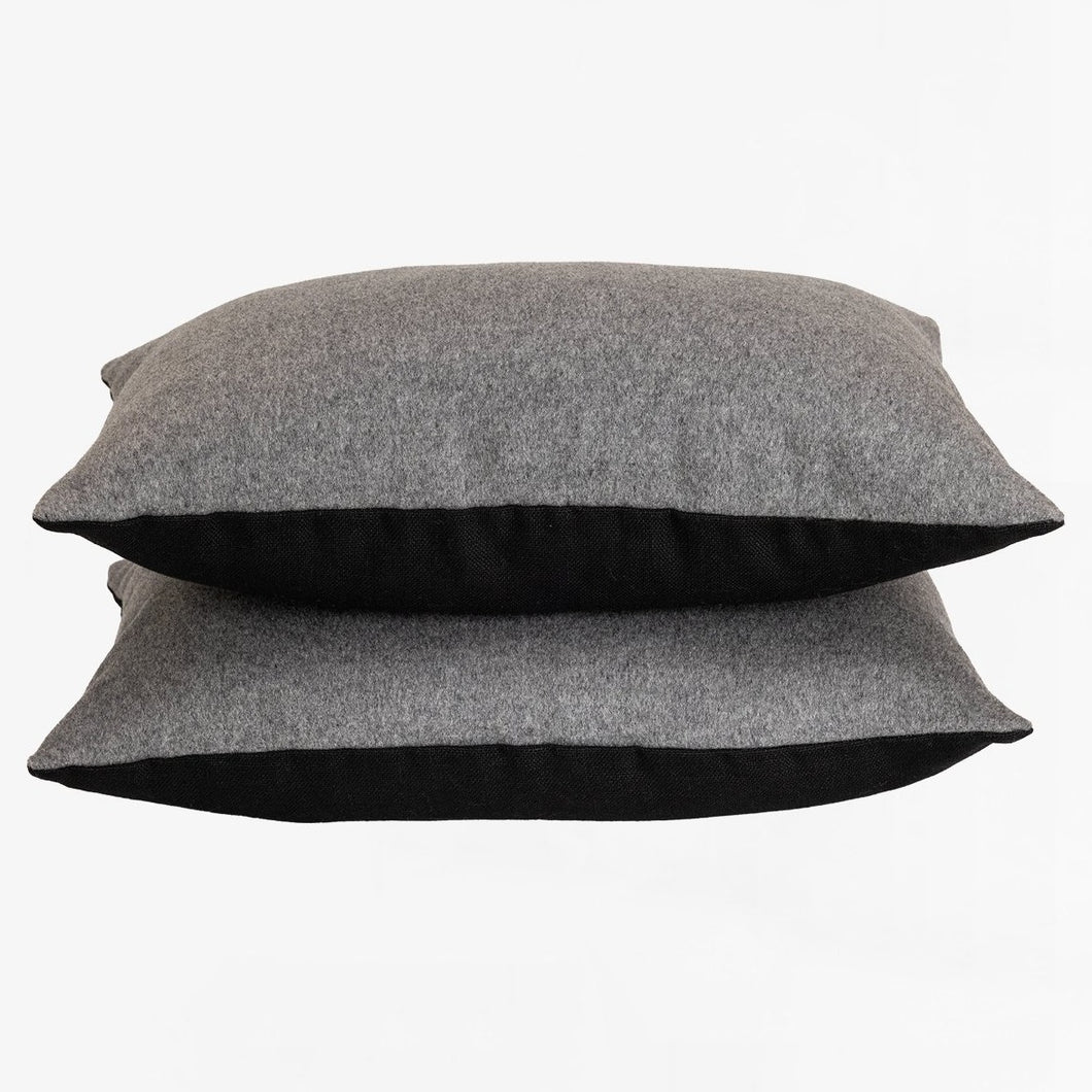 grey flannel and black linen pillows