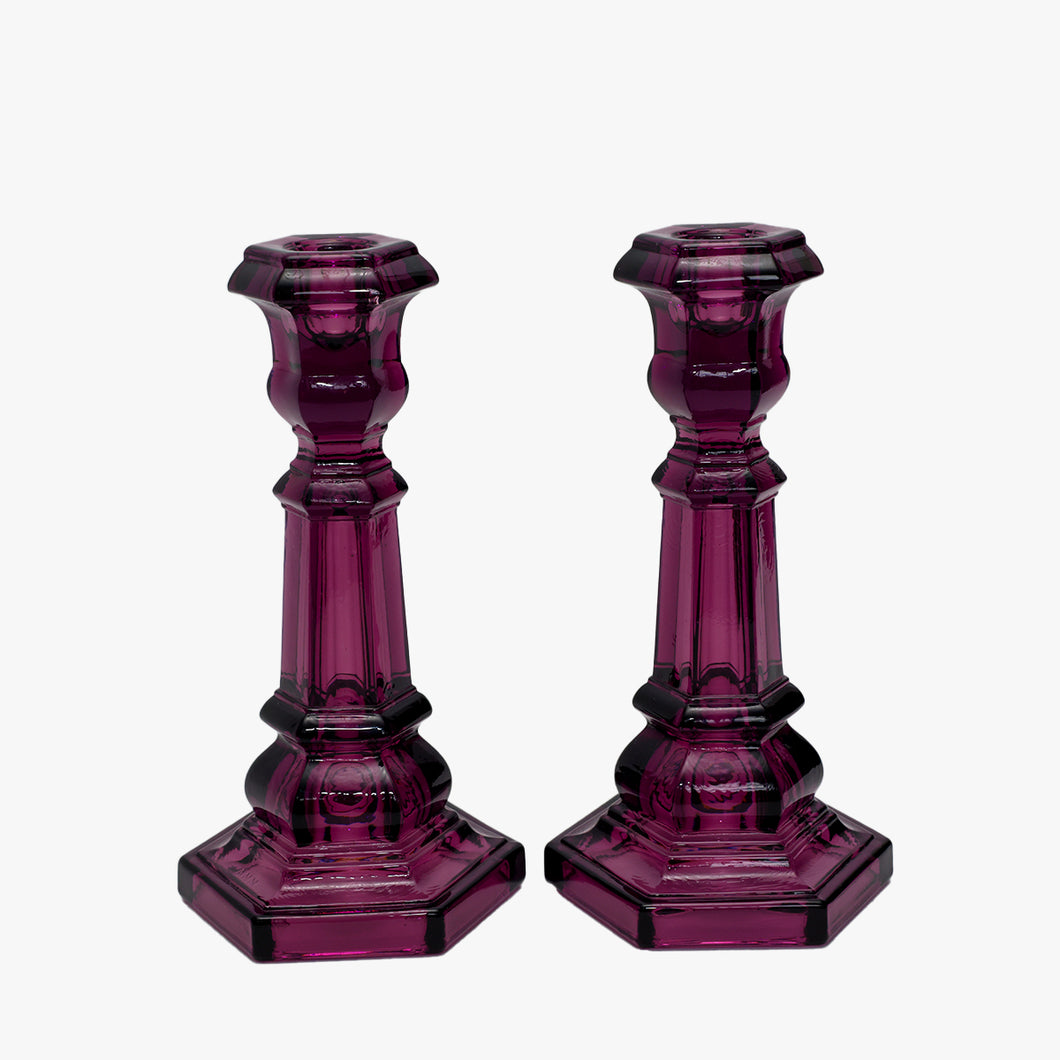 vintage purple glass tall candle holders