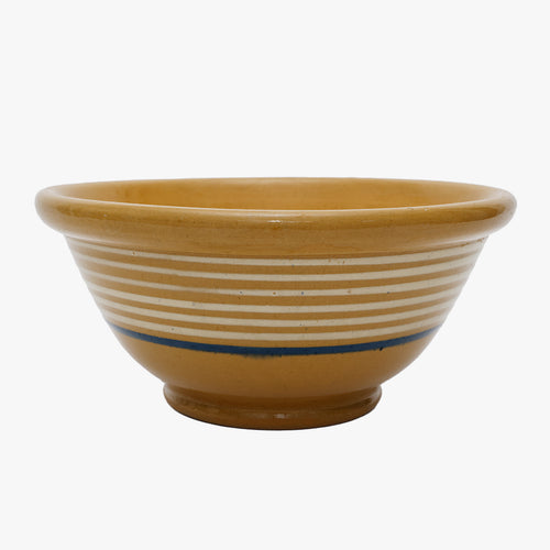 vintage yellow ware bowl with blue stripes