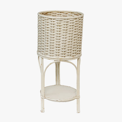 vintage white wicker barrel plant stand