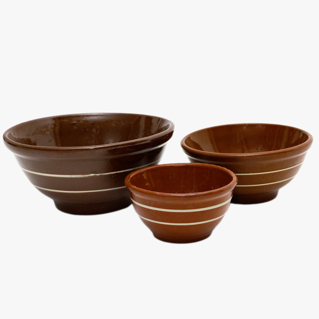 antique brown with white stripe mixing bowls