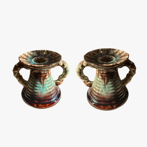 vintage pottery candle holders in brown/pale blue-green drip glaze